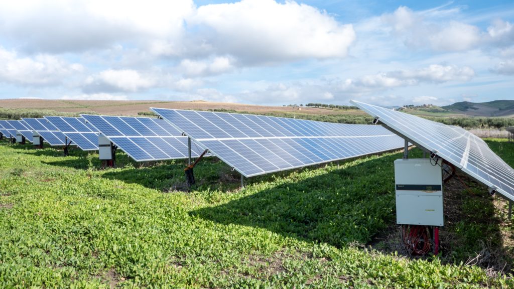 Solarpaneele über einem Acker Ackerbau und Solarenergie kombiniert